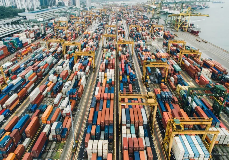Container yard with stacked containers
